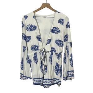 LoveRiche Front Tie Romper - White/Blue Print - Medium